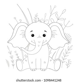 coloring book or page for children of school and preschool age. Developing children s coloring. Vector cartoon illustration with cute elephant