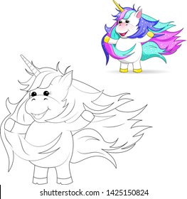 Coloring book or page for children of school and preschool age. Developing children's coloring. Vector cartoon illustration with cute Unicorn