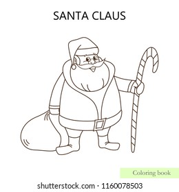 Coloring book page for children with sketch to color. Cartoon Santa Claus. Vector illustration.