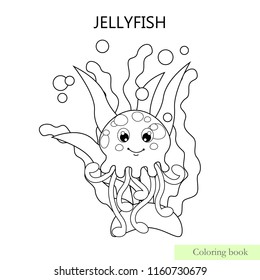 Coloring book page for children with sketch of Jellyfish to color. Vector illustration
