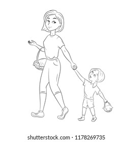 Coloring book page for children with sketch of Mom and Daughter walking together for Picnic with baskets. Vector illustration