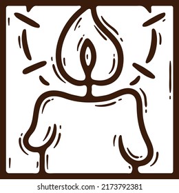 Coloring book page for children. Wax candle burns. Doodle vector christmas icon with candle. Handdrawn line art holiday logo in square frame. Fragment of advent calendar. Concept of New Year, heat