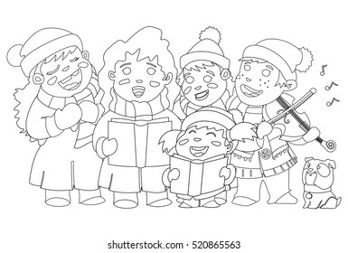 Coloring book page. Christmas Caroling. Children choir singing carols and boy playing violin. Vector illustration on a white background.