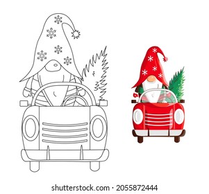 Coloring book page with christmas gnome in truck. Vector outline illustration