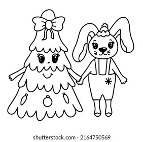 Coloring book page with Christmas tree and bunny