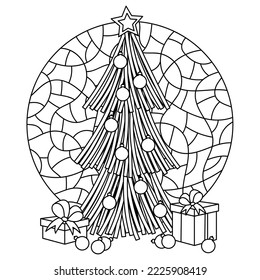Coloring book page. Christmas tree, gift boxes, decorative balloons. Mosaic background.  Hand drawn Black and white vector illustration. Greeting card template,