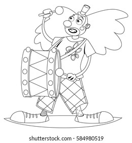 Coloring book page. Circus clown playing on drum. Vector cartoon illustration isolated on a white background.