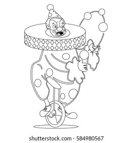 Coloring book page. Circus clown juggling on a unicycle. Vector cartoon illustration isolated on a white background.