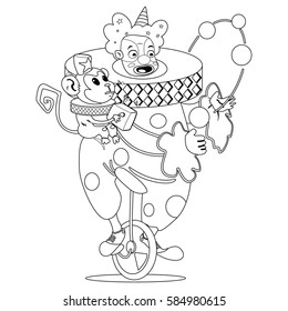 Coloring book page. Circus clown juggling on a unicycle with cute monkey. Vector cartoon illustration isolated on a white background.