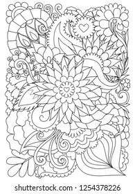 Coloring book, coloring page, Colouring picture of simple lines drawing of beautiful flowers and leaf for background.Vector illustration