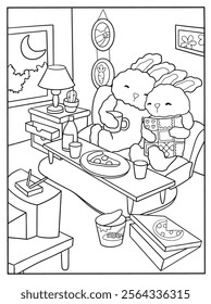 coloring book page cozy night in with two bunnies on a couch, enjoying drinks and watch tv