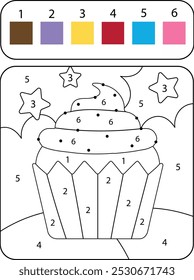 Colorindo o cupcake da página do livro. Doces e bolos para crianças. Colorir por desenho de números.
