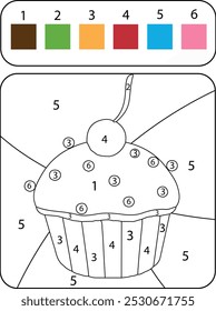 Coloring book page cupcake. Sweets and cake drawing for kids. Color by numbers drawing.