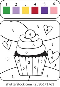 Colorindo o cupcake da página do livro. Doces e bolos para crianças. Colorir por desenho de números.