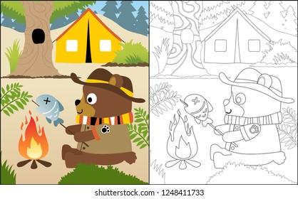 Coloring book or page of cute bear cartoon in scout costume roasting fish in camping ground