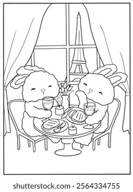 coloring book page cute bunnies enjoying a romantic dinner with the Eiffel Tower in the background. love adorable scenes and Parisian vibes.