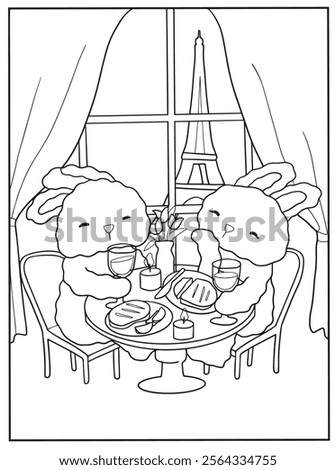 coloring book page cute bunnies enjoying a romantic dinner with the Eiffel Tower in the background. love adorable scenes and Parisian vibes.