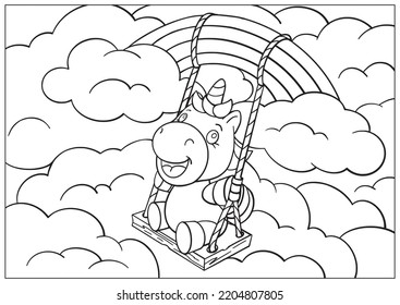 Coloring book page for book with cute cartoon unicorn on a swing among clouds and rainbows. Activity page and worksheet. Vector illustration funny character isolated on white background. 