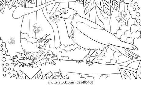 Coloring book page, cute cartoon vector mother and baby crow family in the forest