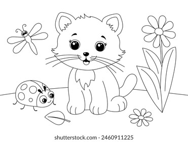 Página de libro para colorear con lindo gato y mariquita sentado en la hierba. Ilustración de contorno de Vector para niños.