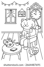 Colorir a página do livro de um gato bonito sentado em uma poltrona usando um cachecol apreciando o chá em uma sala de estar acolhedora