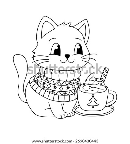 Coloring book page. Cute cat in  winter jumper drinking hot coca. Kinder garden coloring book