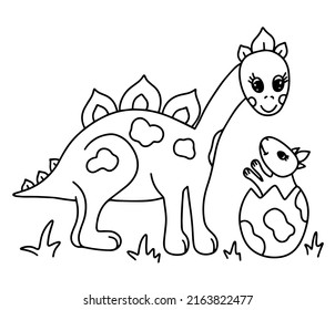 Coloring book page with cute dinosaur mom and baby in egg