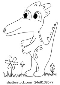 Coloring book page with cute dinosaur in grass