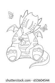 Coloring book page - cute dragon and butterflies