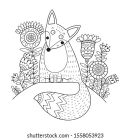 Coloring book page. Cute fox with doodles, flowers and floral ornaments. Perfect for coloring for adults.