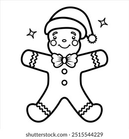 Coloring book page of cute gingerbread with Santa hat and a bow tie. Christmas black and white outline illustration isolated on white background for kids coloring ready for print.