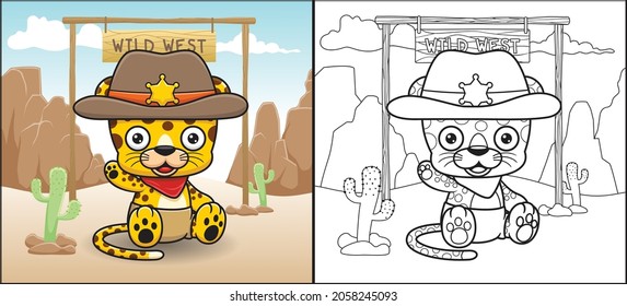 Coloring book or page of cute leopard cartoon in sheriff costume on mountains rock background