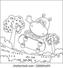 Coloring book or page with cute little hippo. Cartoon animal skate board. Clipart set for nursery poster, t shirt print, kids apparel, greeting card, label, patch or sticker.