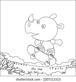 Coloring book or page with cute little rhino cartoon animal skate board. Clipart set for nursery poster, t shirt print, kids apparel, greeting card, label, patch or sticker.