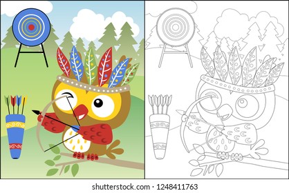 Coloring book or page, cute owl cartoon with feather headdress playing archery