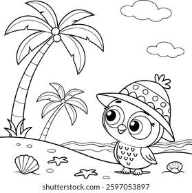 coloring book or page with cute owl in the beach