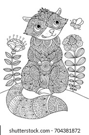 Coloring book page. Cute raccoon with doodles, flowers and floral ornaments inside of it. Perfect for coloring for adults.