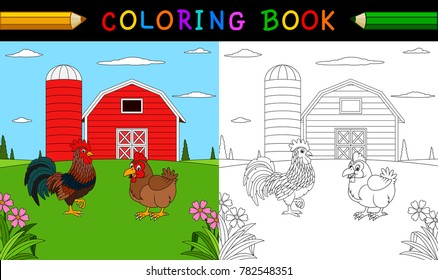 Coloring book or page. Cute rooster and hen in the farm