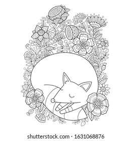 Coloring book page. Cute sleeping fox with doodles, flowers and floral ornaments. Perfect for coloring for adults.