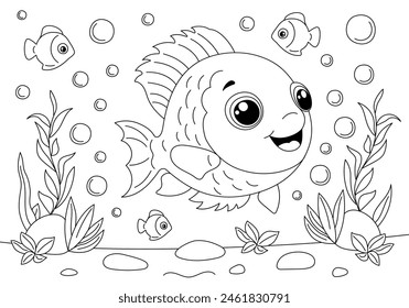 Página de libro para colorear con lindo pez sonriente en burbujas y plantas submarinas. Ilustración de contorno de Vector para niños.