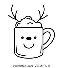 Coloring book page of cute smiling reindeer-themed mug with whipped cream isolated on white background. Black and white illustration of an outline vector winter cup ready for print.