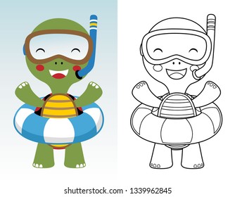 Coloring book or page of cute turtle cartoon with diving goggles and lifebuoy