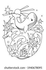 Coloring book page. Cute whale on the background of the sea and sky. A marine mammal on the waves, flowers stars and the sun. Black and white vector illustration