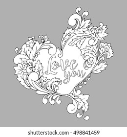 Coloring book page with decorative heart on the grey background,love you quote. Vector
