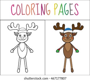 Coloring book page, deer, new year, Christmas. Sketch and color version. 