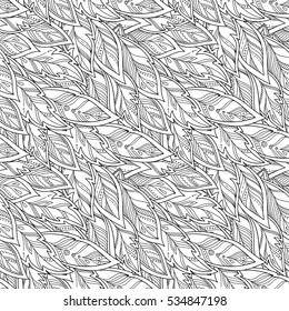 Coloring book page design with Feather Seamless Pattern. Headwear or neckwear design. Fashion Bird Feather Pattern