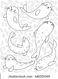 Coloring book page design with funny seals. Activity for children