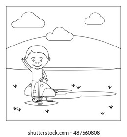 Coloring book page design with kid on playground. Vector illustration