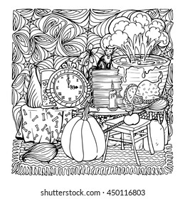 Coloring book page design with witch accessories, witches broom, hat, books,candle, pot with potion, Wall Clock, cat,pumpkin, bottles and cobweb for Happy Halloween holiday