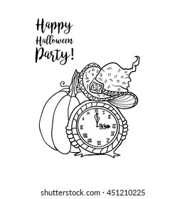 Coloring book page design with witch accessories, witches hat, Wall Clock, pumpkin for Happy Halloween holiday